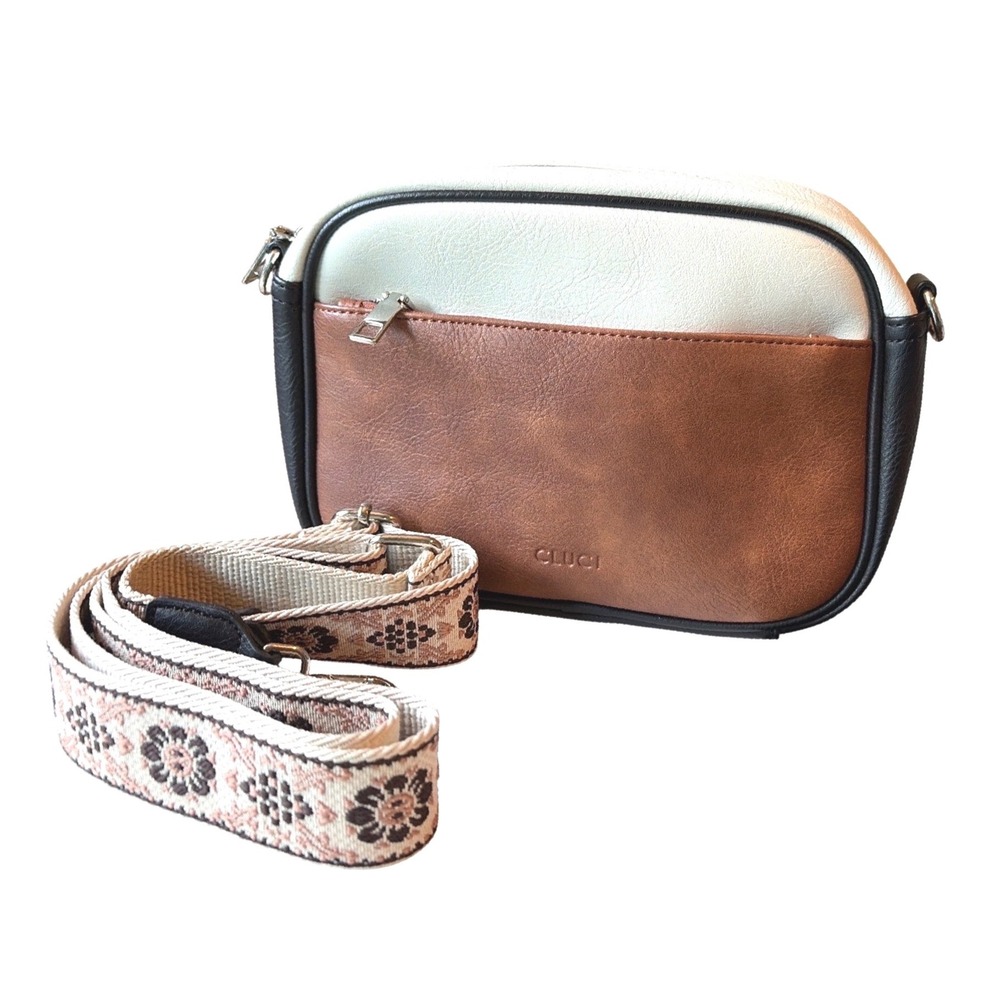 Cluci Crossbody Bag Purse Shoulder Bag Brown Beige‎ White Adjustable Strap